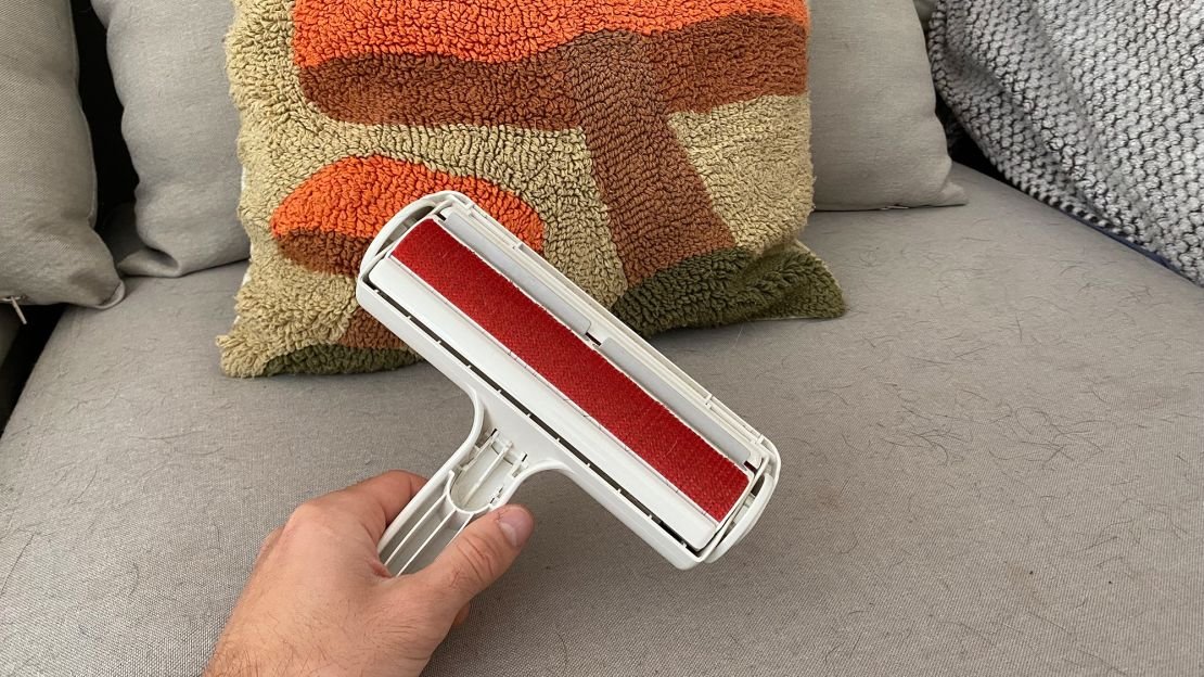 ChomChom Roller patented rolling mechanism showing nylon filaments removing pet hair from fabric surface